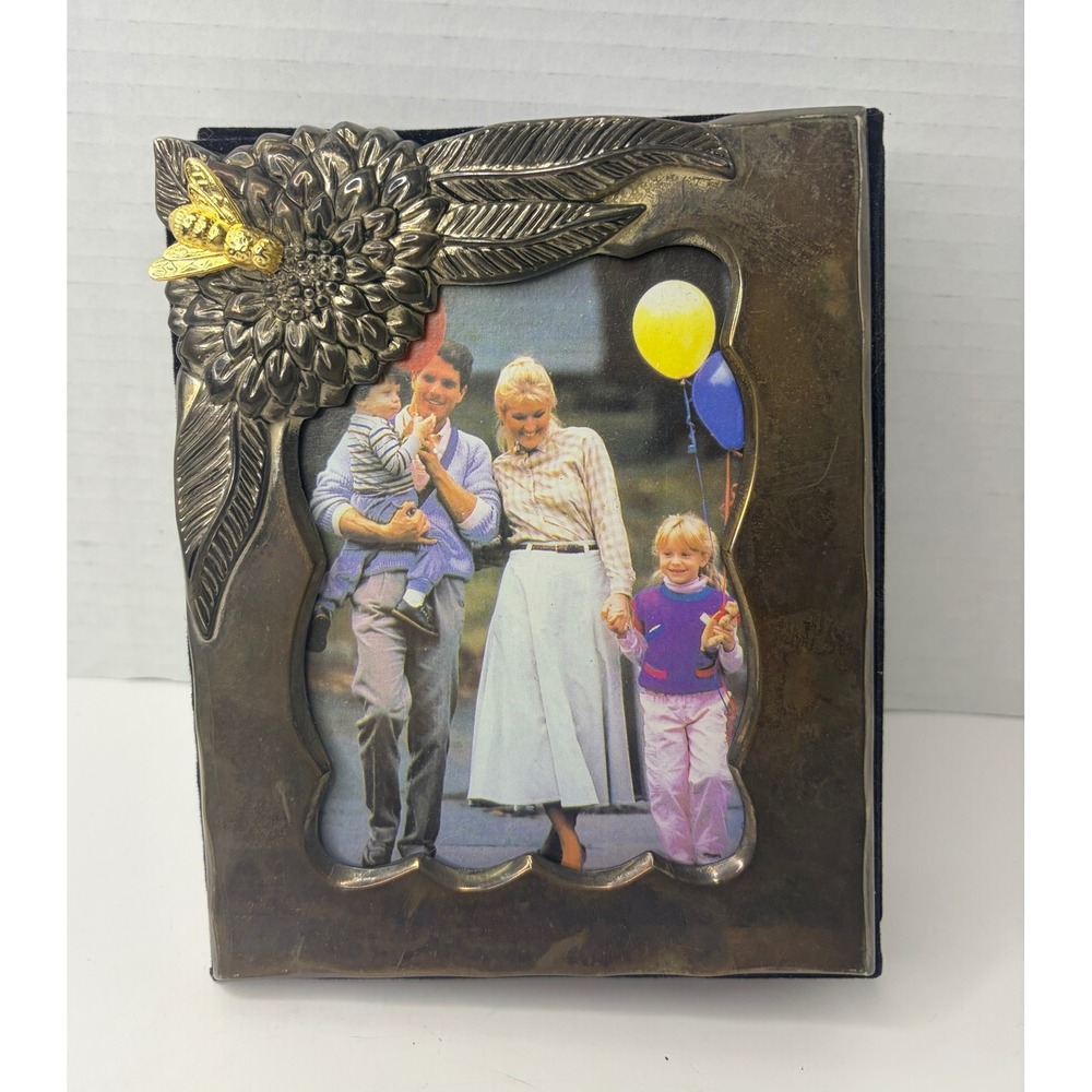 Godinger Silver Tone Photo Album Sunflower Gold Bee Metal Front Velvet Back